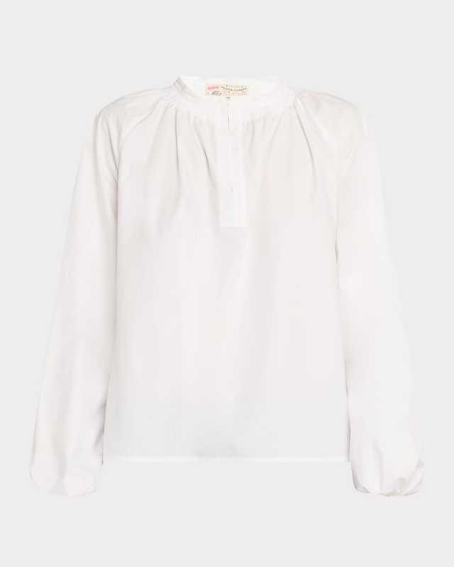 Ruched-Neck Long-Sleeve Cotton Blouse
